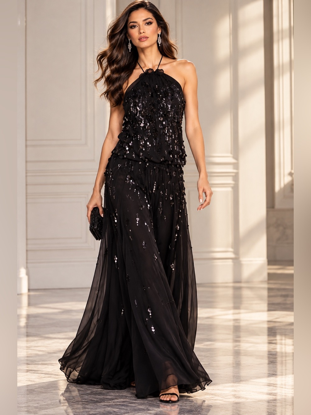 BCBGMAXAZRIA “Taya” Runway Collection Dress – Black Sequin Silk Gown | NWT